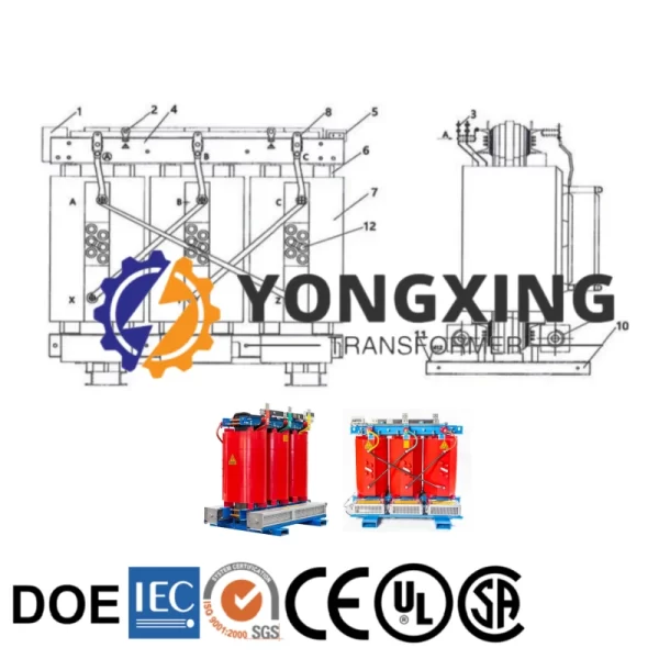 Design drawings and sales for 11 kV 750 kVA cast resin transformers by Yongxing Transformer.