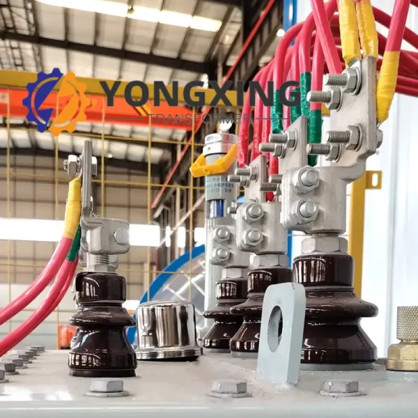 High and low voltage bushings on the 34.5 kV 5000 kVA three-phase distribution transformer by Yongxing Transformer