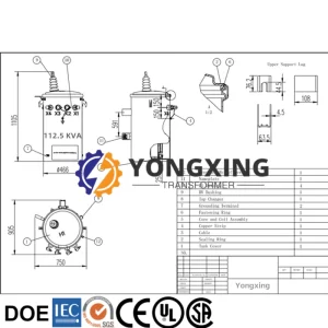 Detailed design and engineering drawings for 35 kV 112.5 kVA power pole transformer by Yongxing Transformer.