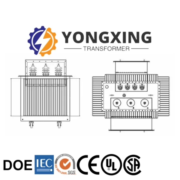 Professional design and detailed technical drawings for the 500 kVA three-phase distribution transformer by Yongxing Transformer