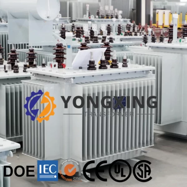 Finished 5000 kVA power transformers in the Yongxing Transformer factory warehouse, ready for substation delivery.