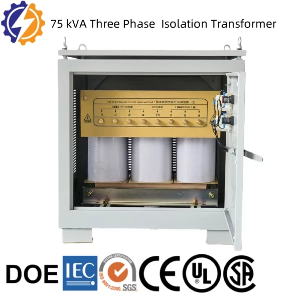 75 kVA three phase 480V to 220V isolation transformer manufactured by Yongxing Transformer, ideal for industrial applications.